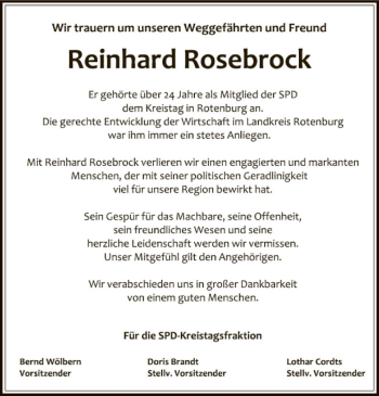 Traueranzeige von Reinhard Rosebrock von SYK