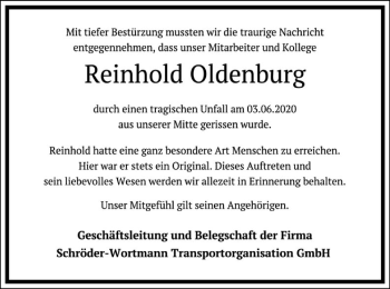 Traueranzeige von Reinhold Oldenburg von SYK