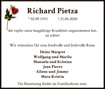 Traueranzeige von Richard Pietza von SYK