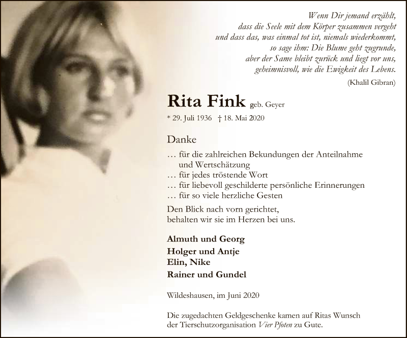  Traueranzeige für Rita Fink vom 27.06.2020 aus SYK