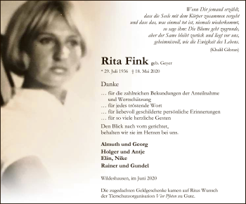 Traueranzeige von Rita Fink von SYK