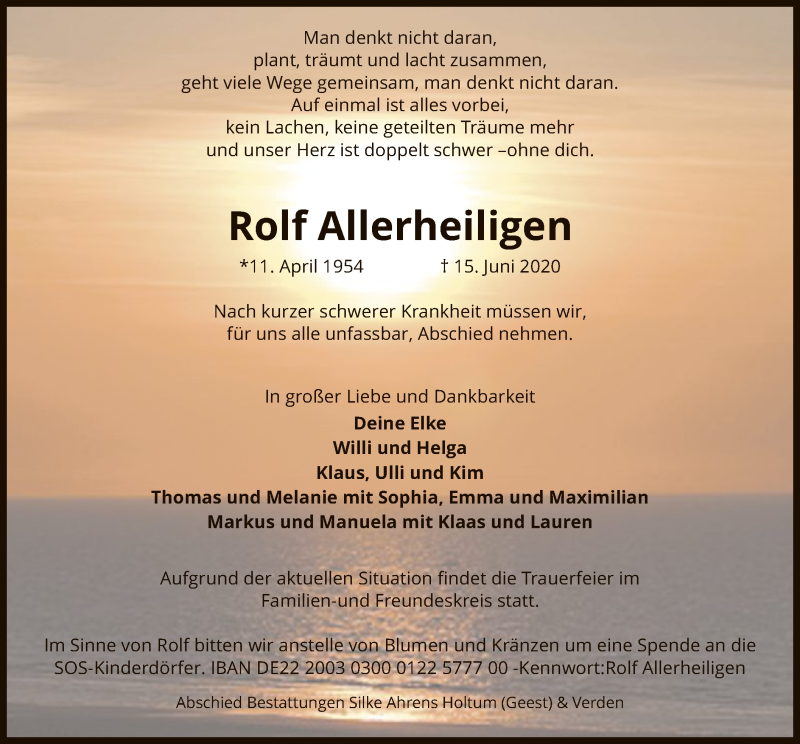  Traueranzeige für Rolf Allerheiligen vom 20.06.2020 aus SYK