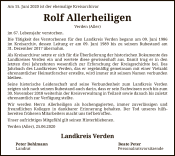 Traueranzeige von Rolf Allerheiligen von SYK