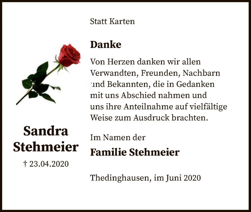  Traueranzeige für Sandra Stehmeier vom 13.06.2020 aus SYK
