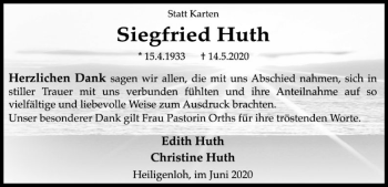 Traueranzeige von Siegfried Huth von SYK