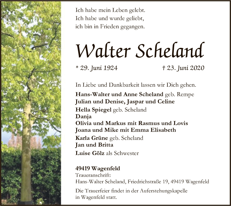  Traueranzeige für Walter Scheland vom 25.06.2020 aus SYK