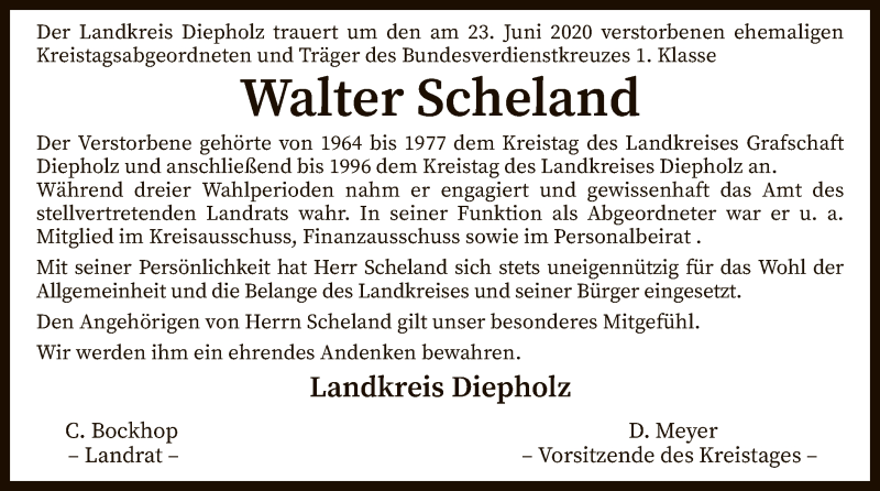  Traueranzeige für Walter Scheland vom 27.06.2020 aus SYK