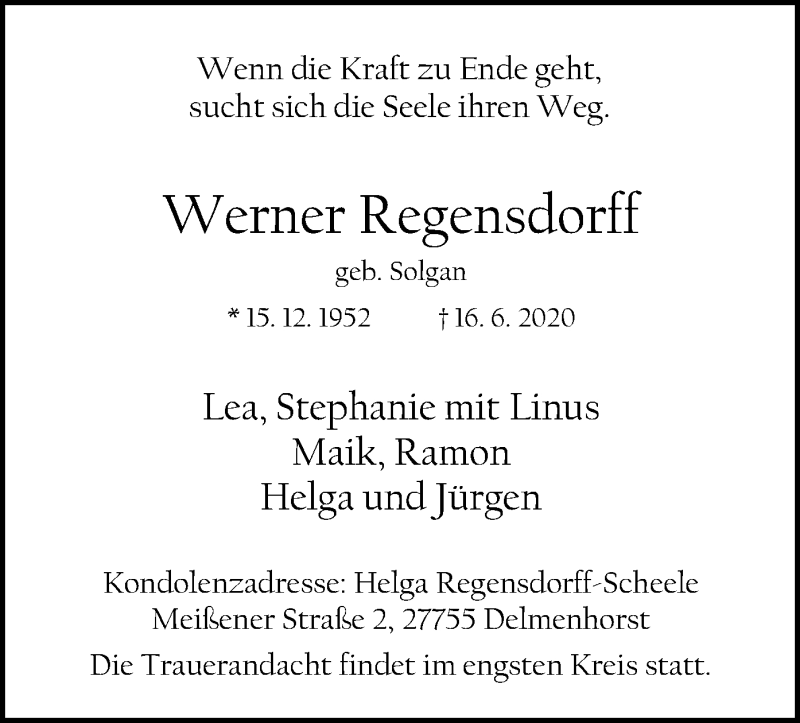  Traueranzeige für Werner Regensdorff vom 27.06.2020 aus SYK