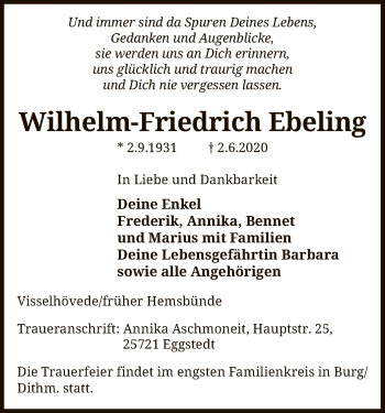 Traueranzeige von Wilhelm-Friedrich Ebeling von SYK