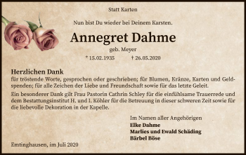 Traueranzeige von Annegret Dahme von SYK