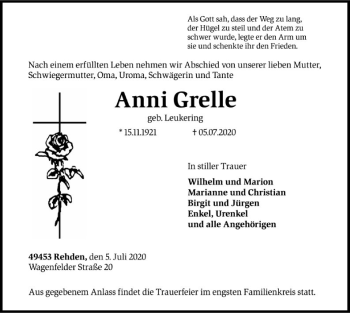 Traueranzeige von Anni Grelle von SYK