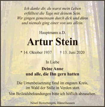 Traueranzeige von Artur Stein von SYK