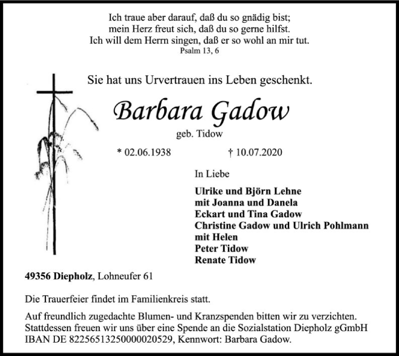  Traueranzeige für Barbara Gadow vom 14.07.2020 aus SYK