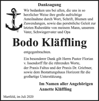 Traueranzeige von Bodo Kläffling von SYK