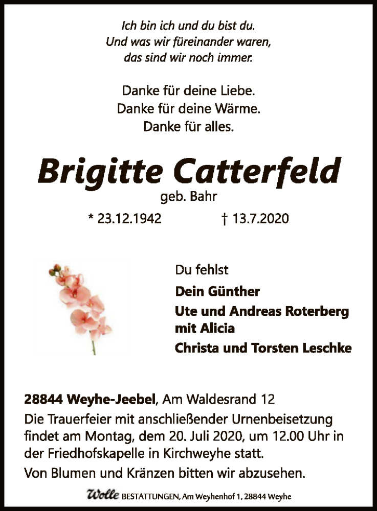  Traueranzeige für Brigitte Catterfeld vom 15.07.2020 aus SYK