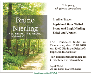 Traueranzeige von Bruno Nierling von SYK