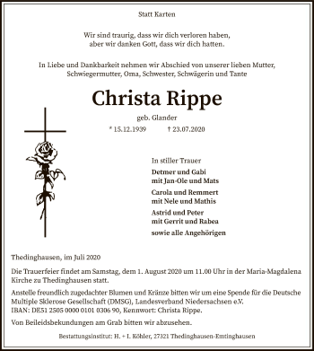 Traueranzeige von Christa Rippe von SYK