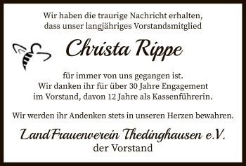 Traueranzeige von Christa Rippe von SYK