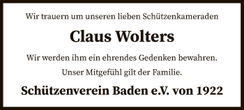 Traueranzeige von Claus Wolters von SYK