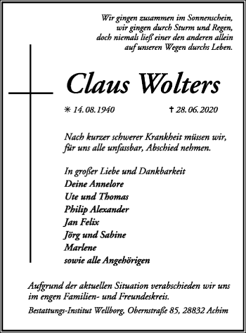 Traueranzeige von Claus Wolters von SYK