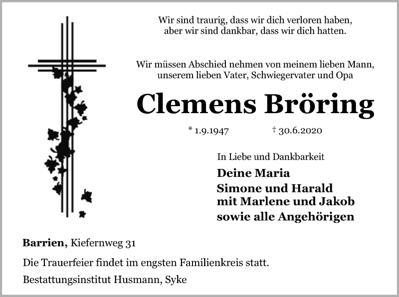  Traueranzeige für Clemens Bröring vom 04.07.2020 aus SYK