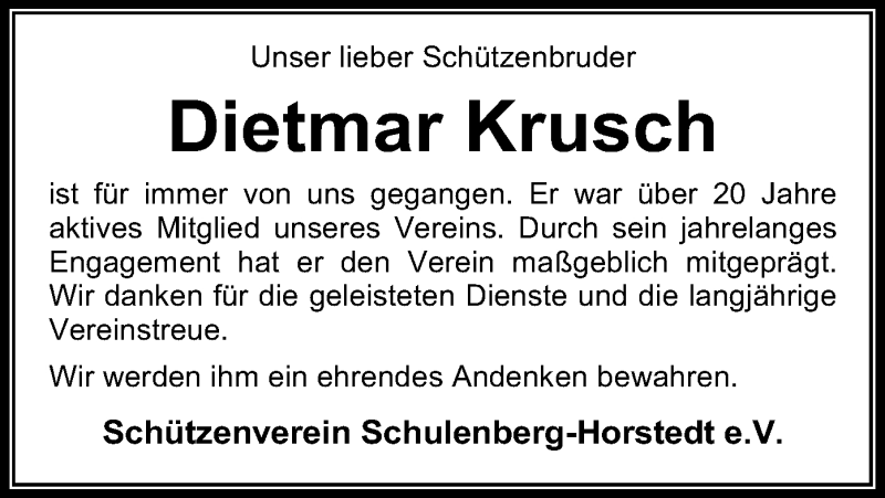  Traueranzeige für Dietmar Krusch vom 18.07.2020 aus SYK