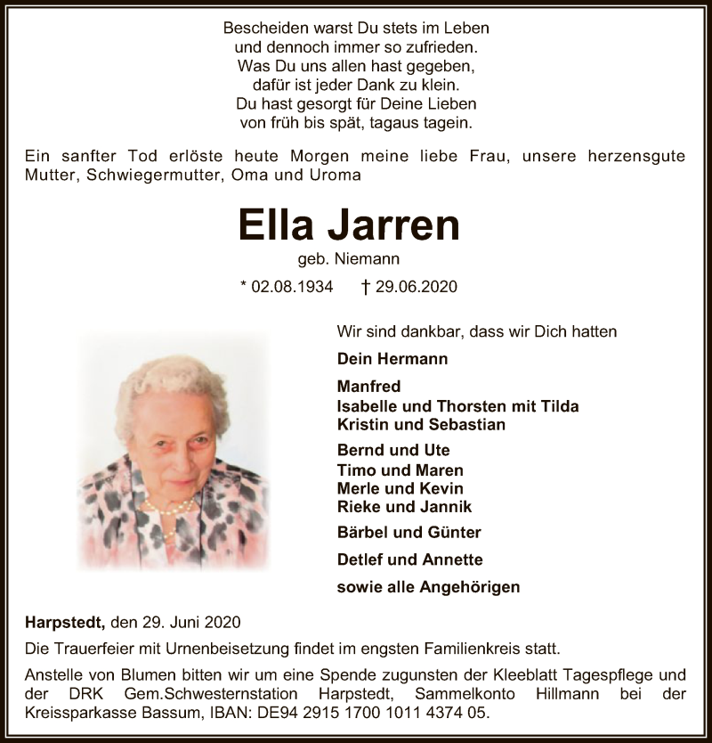  Traueranzeige für Ella Jarren vom 02.07.2020 aus SYK