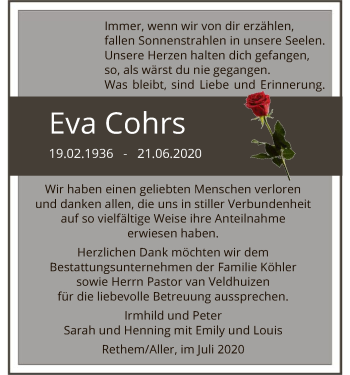 Traueranzeige von Eva Cohrs von SYK