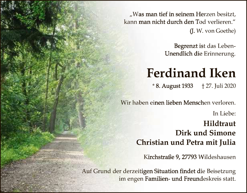  Traueranzeige für Ferdinand Iken vom 30.07.2020 aus SYK