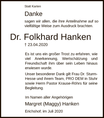 Traueranzeige von Folkhard Hanken von SYK