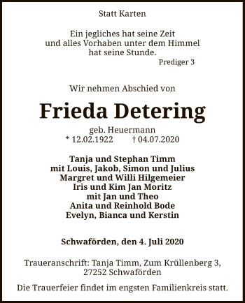 Traueranzeige von Frieda Detering von SYK