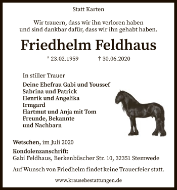 Traueranzeige von Friedhelm Feldhaus von SYK