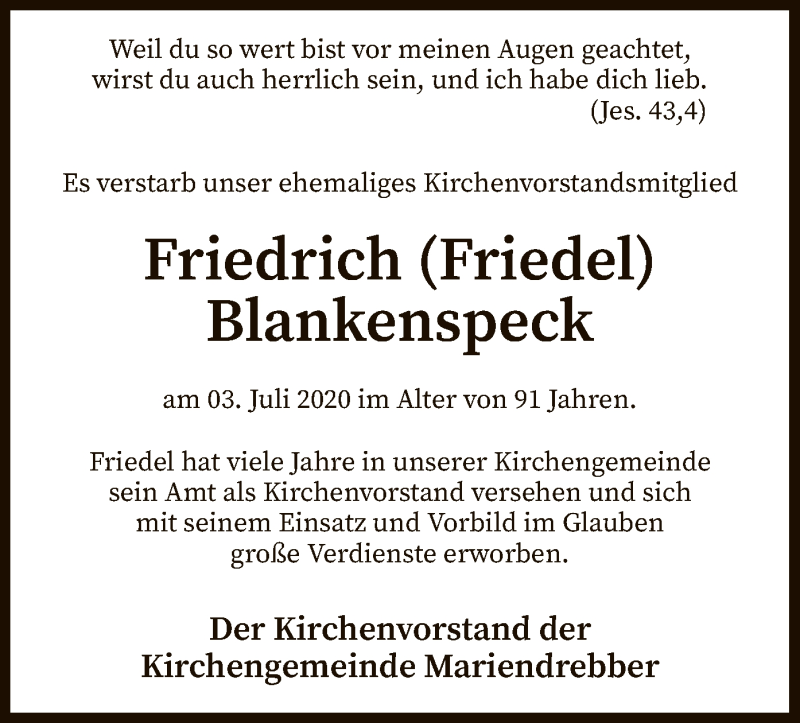  Traueranzeige für Friedrich Blankenspeck vom 07.07.2020 aus SYK