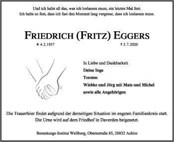 Traueranzeige von Friedrich Eggers von SYK