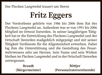 Traueranzeige von Fritz Eggers von SYK