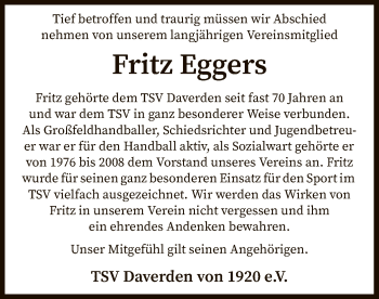 Traueranzeige von Fritz Eggers von SYK