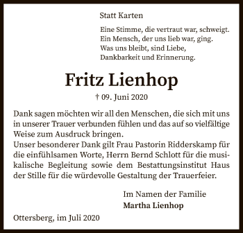 Traueranzeige von Fritz Lienhop von SYK