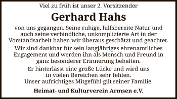 Traueranzeige von Gerhard Hahs von SYK