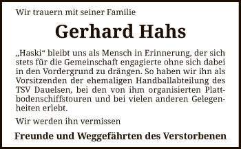 Traueranzeige von Gerhard Hahs von SYK