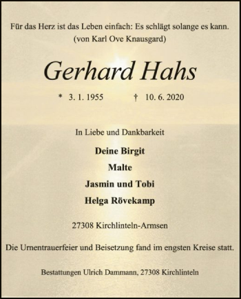 Traueranzeige von Gerhard Hahs von SYK