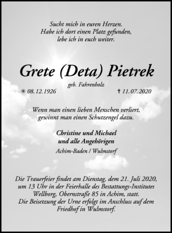 Traueranzeige von Grete Pietrek von SYK