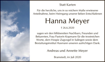 Traueranzeige von Hanna Meyer von SYK