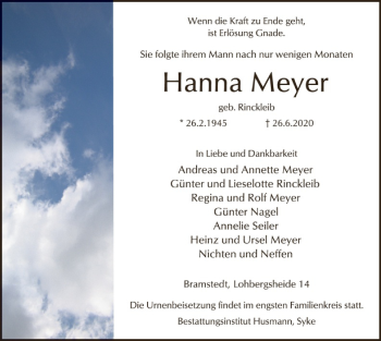 Traueranzeige von Hanna Meyer von SYK