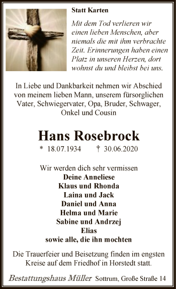 Traueranzeige von Hans Rosebrock von SYK