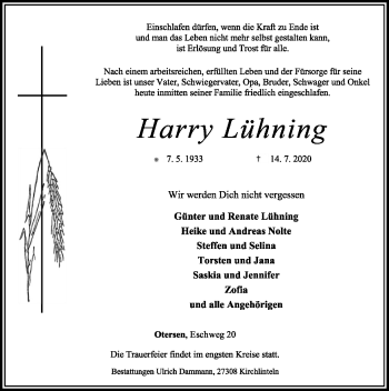 Traueranzeige von Harry Lühning von SYK