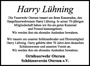 Traueranzeige von Harry Lühning von SYK