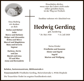 Traueranzeige von Hedwig Gerding von SYK