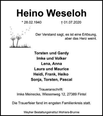 Traueranzeige von Heino Weseloh von SYK