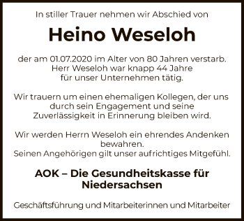 Traueranzeige von Heino Weseloh von SYK