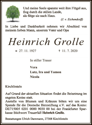 Traueranzeige von Heinrich Grolle von SYK